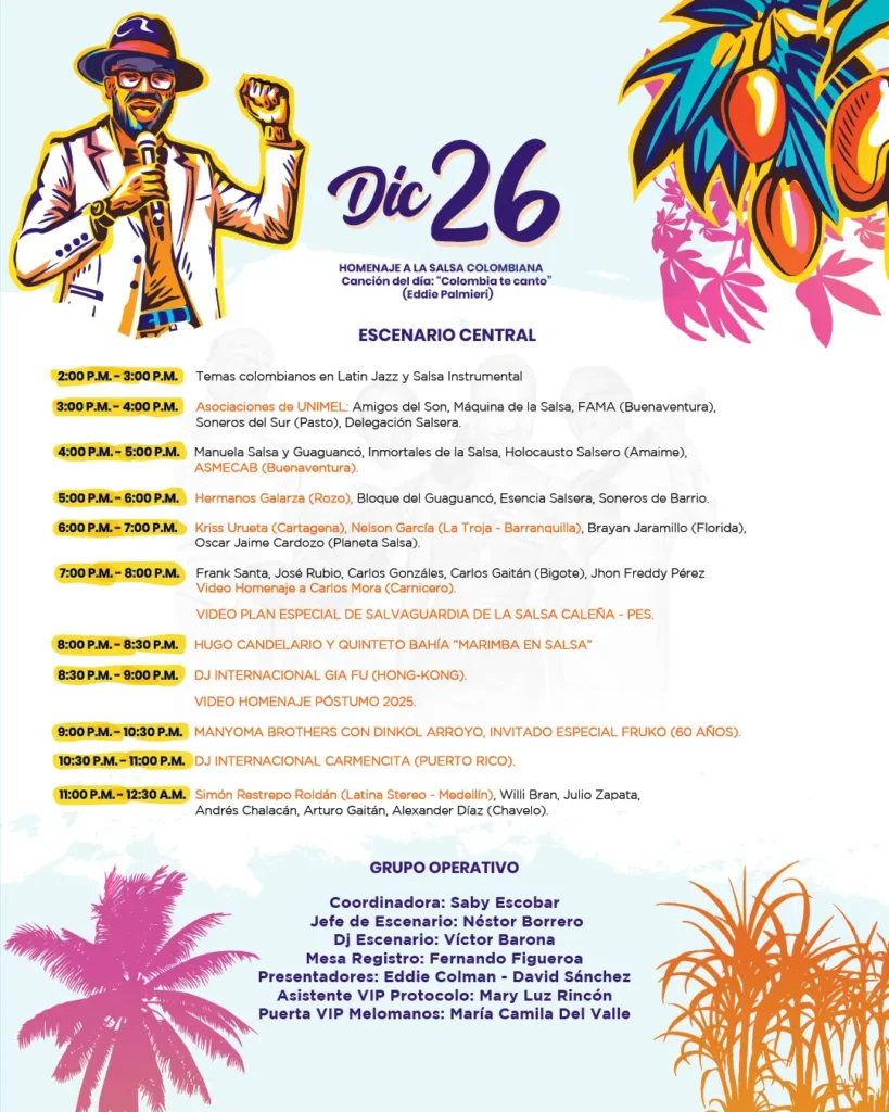 Encuentro de Melómanos y Coleccionistas 2026 – Feria de Cali 1 Cartel Homenaje a la Salsa Colombiana del Encuentro de Melómanos y Coleccionistas 2025, programación del 26 de diciembre con Eddie Palmieri y Fruko en la Feria de Cali