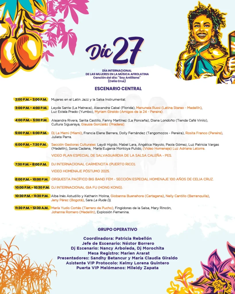 Encuentro de Melómanos y Coleccionistas 2026 – Feria de Cali 2 Cartel Día Internacional de las Mujeres en la Música Afrolatina, programación del 27 de diciembre en el Encuentro de Melómanos y Coleccionistas 2025, homenaje a Celia Cruz en la Feria de Cali