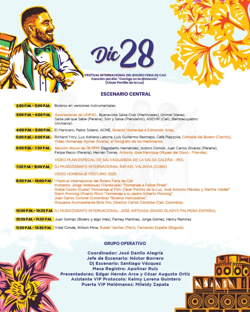 Encuentro de Melómanos y Coleccionistas 2026 – Feria de Cali 3 Cartel Festival Internacional del Bolero, programación del 28 de diciembre en el Encuentro de Melómanos y Coleccionistas 2025, con homenajes a César Portillo de la Luz y Felipe Pirela