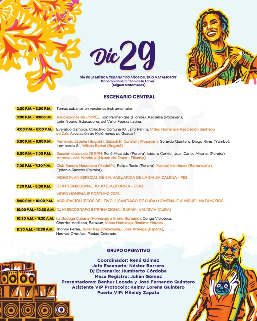 Encuentro de Melómanos y Coleccionistas 2026 – Feria de Cali 4 Cartel Día de la Música Cubana, programación del 29 de diciembre en el Encuentro de Melómanos y Coleccionistas 2025, homenaje a los 100 años del Trío Matamoros en la Feria de Cali